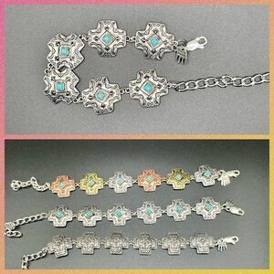 Faux Turquoise and Silver Tone Concho Chain Bracelet #1440